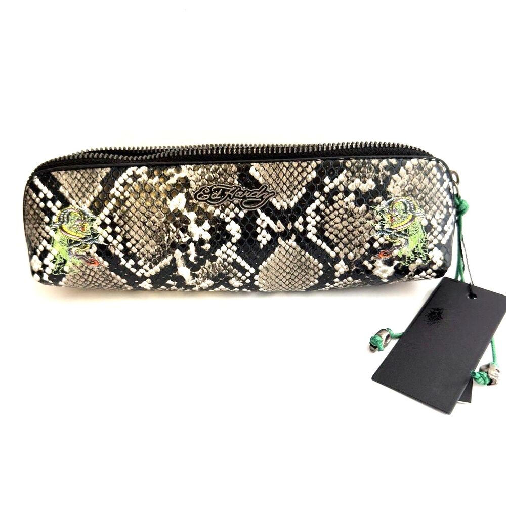 Ed Hardy Snake Print Makeup Brush Pouch Wallet Zipper Bag 9x3 in NWT